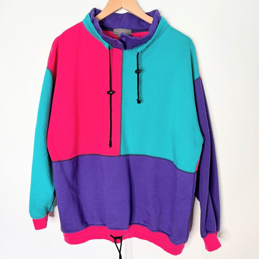 Vintage Liz Baker Sport Sweatshirt Color Block Pink Teal Purple Retro Women 1X